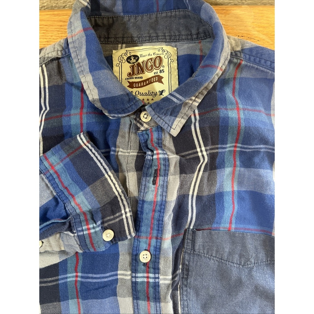 JNCO Y2K Plaid Button Shirt Chambray Accent Pocket Men XL Y2K  Work Shirt